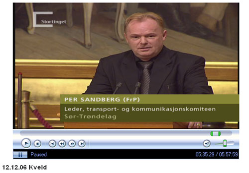 Per Sandberg på Stortingets talerstol 12. desember 2006 (foto: skjermbilde/NRK/Stortinget)