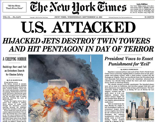 Utsnitt av New York Times' førsteside 12. september 2001
