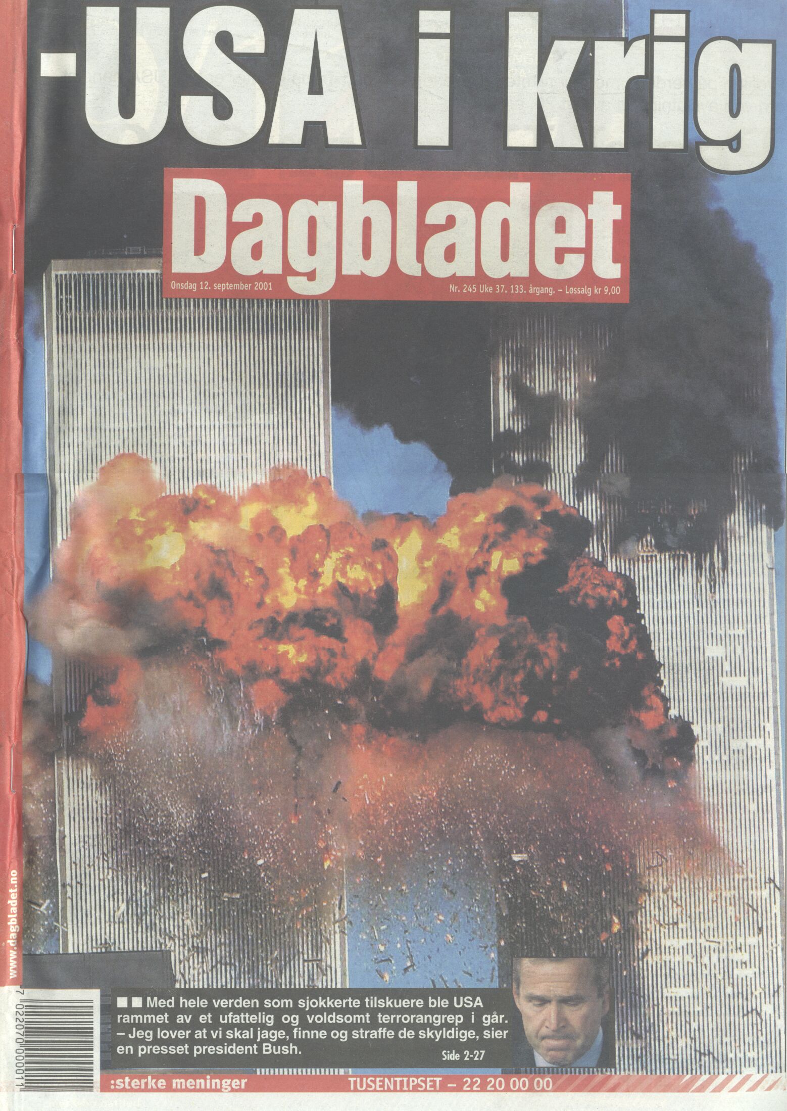 Billede 3. Forsiden af den norske avis Dagbladet, 12. September, 2001.