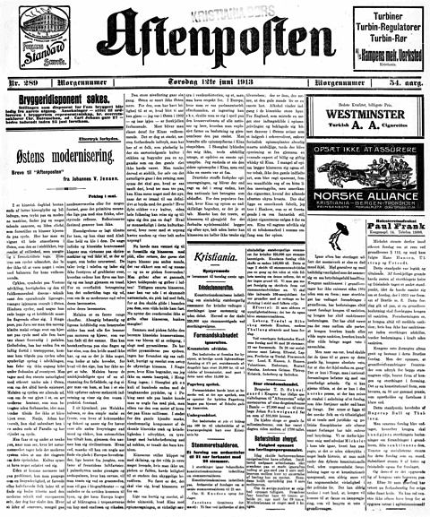 Aftenposten 12. juni 1913: Kvinnestemmerett kun notisstoff.