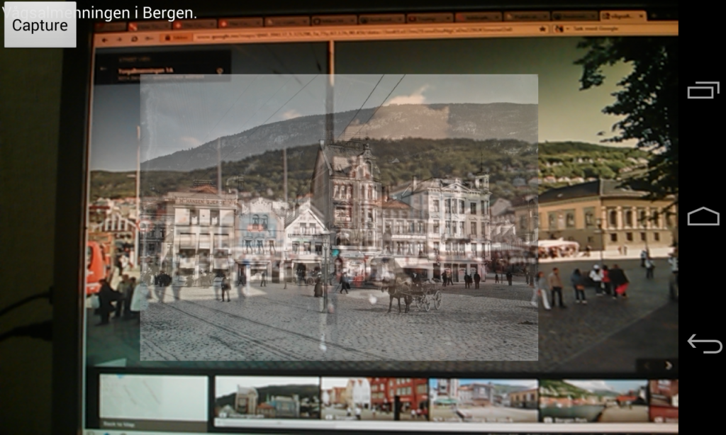 Skjermdump fra prototypen av appen der kamerafunksjonen testes opp mot et bilde fra Google Street View.