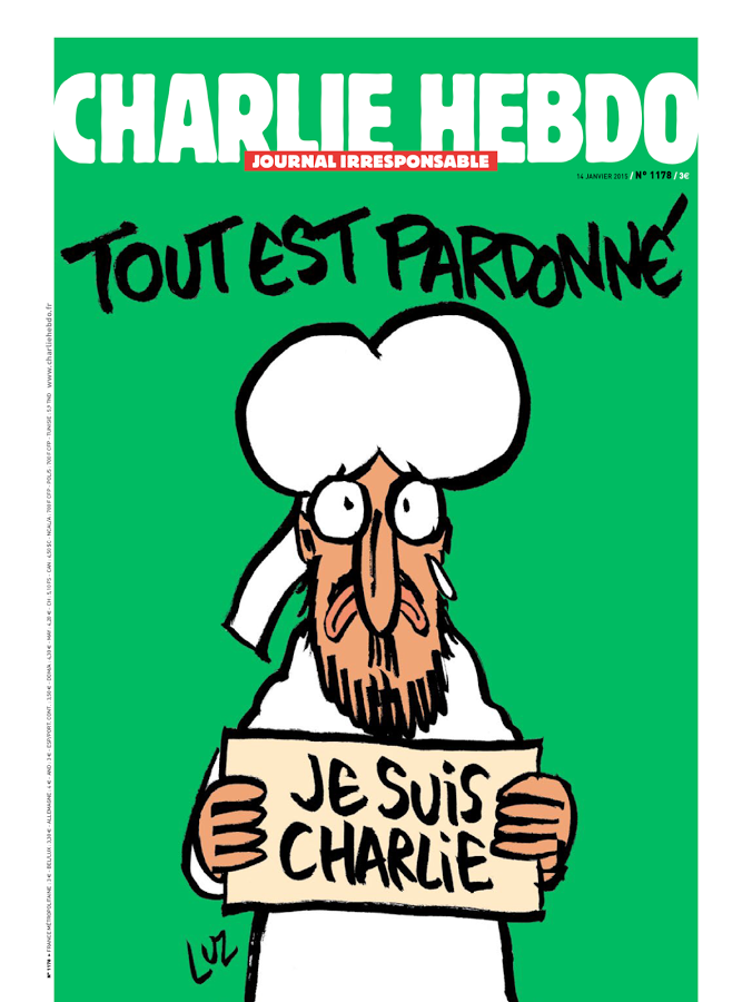 "Alt er tilgitt". Charlie Hebdo 14. januar 2015.