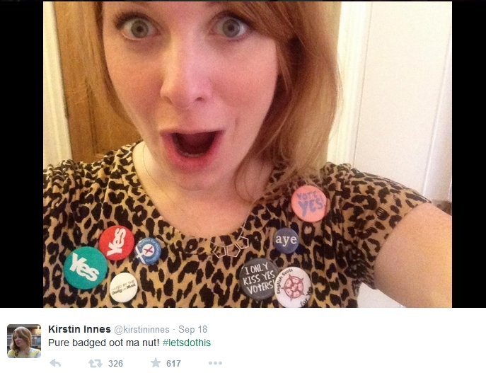 Ja-velger tvitrer selfie på valgdagen. (faksimile: Kirstin Innes/Twitter). 