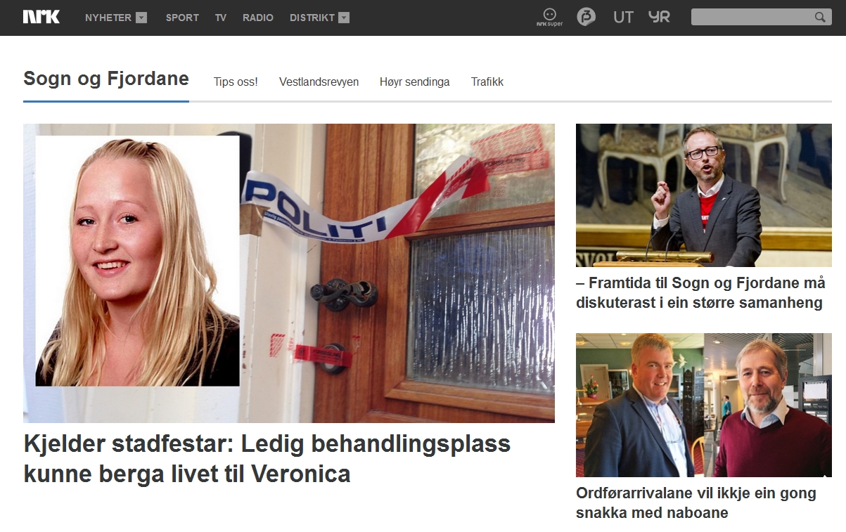 Forsiden til NRK Sogn og Fjordanes nettside 28. april 2015.