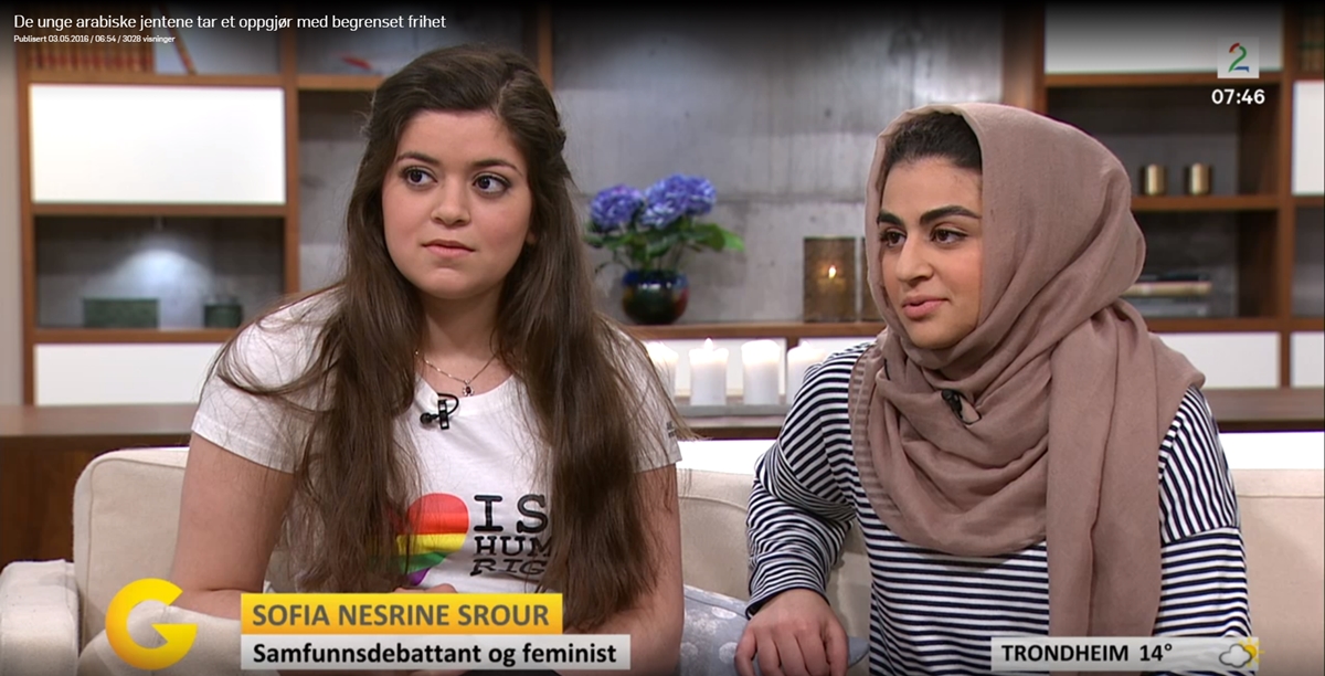 Ut i offentligheten: Nancy Herz og Sofia Nesrine Srour i intervju på TV 2. (skjermbilde fra tv2.no).